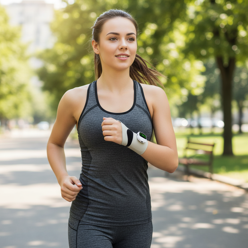Girl wearing wrist massager while doing sports
